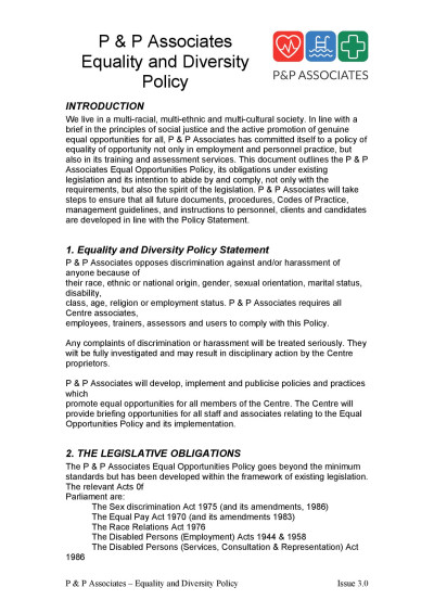 P & P Associates Equal Opportunities and Diversity Policy