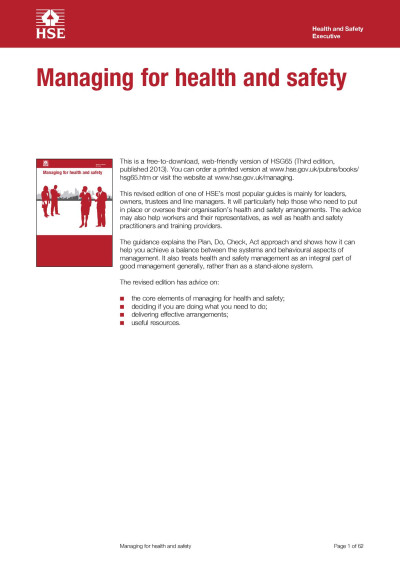 Health and Safety Guidance - Managing Health and Safety (HSG 65)