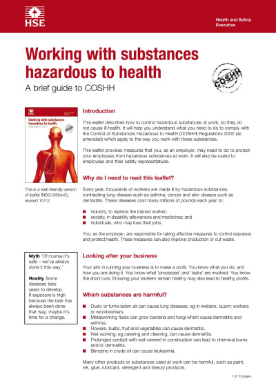 Health and Safety Guidance - Control of Substances Hazardous to Health (IND 137)